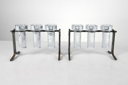 PAIR OF DANISH IRON & GLASS CANDLEHOLDERS C. 1970S