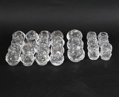 KOSTA BODA GLASS SNOWBALL CANDLE HOLDERS: Designed by Ann Wolff in 2003. One in original packaging. Sweden. Dimensions: Largest H 4" x Dia. 4.75". Box H 3.75". Condition: Few with minor surface soiling from candle wax and soot. Wear consisten