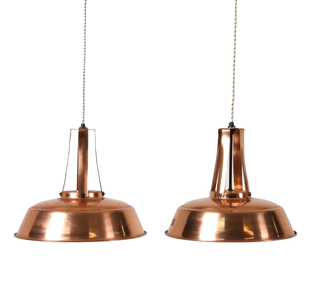 PAIR HKLIVING SCANDINAVIAN COPPER WORKSHOP LIGHTS: Label to shade. Contemporary. Dimensions: H 14" x Dia. 17.5". Condition: Wiring untested. Few scuffs and scratches to top pieces, few dents. Wear consistent with age and use.