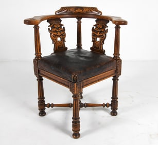 ANTIQUE SCANDINAVIAN OAK & LEATHER CORNER CHAIR
