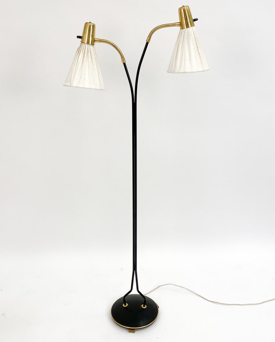 SWEDISH BRASS & IRON DOUBLE GOOSENECK FLOOR LAMP (1 of 13)