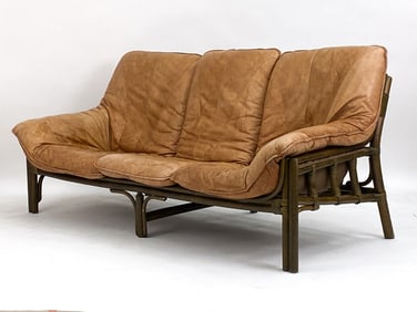 SWEDISH LEATHER & BAMBOO 3-SEATER SOFA, C. 1970S