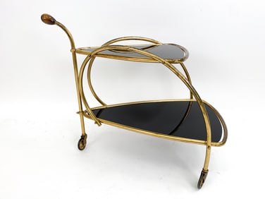 MID-CENTURY SMOKED GLASS & BRASS BARCART