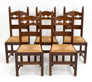(6) DUTCH OAK 'RAZORBLADE' DINING CHAIRS, C. 1950S