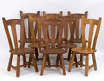 (8) DE PUYDT BRUTALIST OAK DINING CHAIRS, C. 1970S