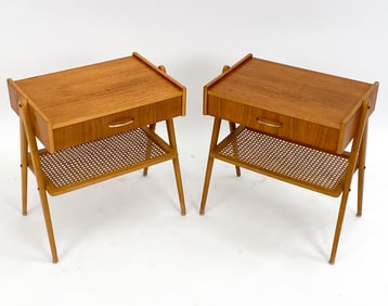PAIR OF SWEDISH TEAK & RATTAN NIGHTSTANDS, C. 1960