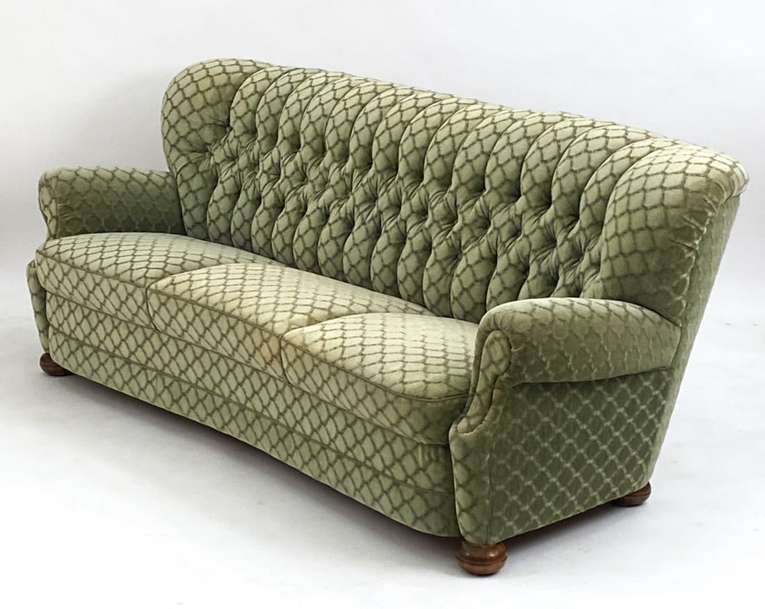 SCANDINAVIAN MOHAIR 3-SEATER SOFA, C. 1950S: Sofa in green mohair with diamond-striped pattern, oak legs. Dimensions: H 33" x W 85" x D 34" x SH 16.5" Condition: Minor surface wear to legs. PM115