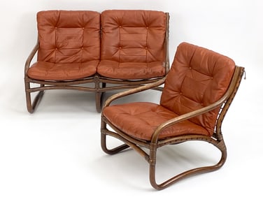 ORIGINAL IKEA BAMBOO & LEATHER LOUNGE SET, C. 1970