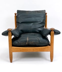 DUTCH OAK & LEATHER BRUTALIST LOUNGE CHAIR