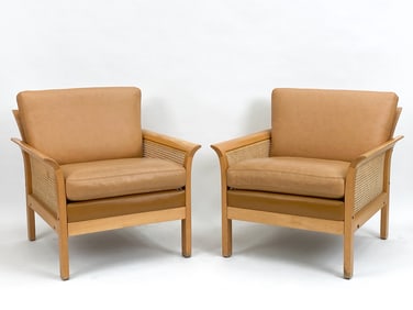PAIR OF ARNE NORELL LEATHER & CANE LOUNGE CHAIRS