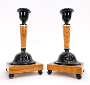 PAIR OF SWEDISH WALNUT CANDLEHOLDERS, C. 1930S