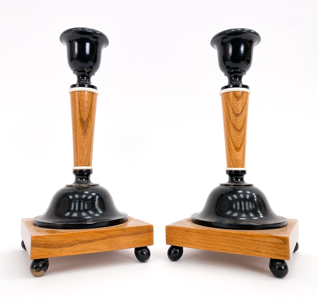 PAIR OF SWEDISH WALNUT CANDLEHOLDERS, C. 1930S: Apparently unmarked. Dimensions: H 7.25" x W 3.5" x D 3.5" Condition: Some rubs and loss of paint. PM077