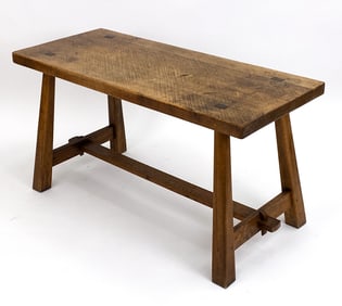 DUTCH SOLID OAK BRUTALIST TRESTLE DINING TABLE