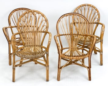 (4) MID-CENTURY BAMBOO & WICKER ARMCHAIRS