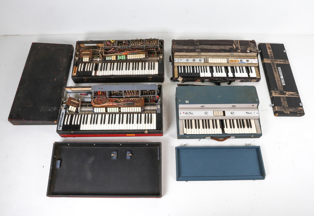 VINTAGE COMBO ORGAN GROUPING, AS IS: (4) Organs total. Group consists of (2) Acetone Burly Japanese Combo organs, (2) Farfisa Italian Combo organs. Red and black unit is Farfisa Model 23 compact. All being sold as is. Dimensions: Each Ap