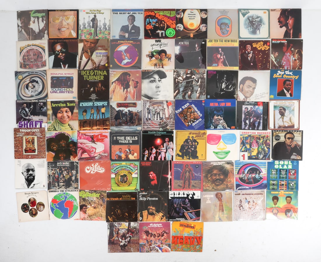 VINTAGE SOUL/R&B VINYL RECORD GROUPING: Large grouping of vintage LP records by soul and R&B artists. All vintage pressings. Notable artists include Staple Singers, Stylistics, Isaac Hayes, Lattimore, James Brown, etc. Many Motown artists i