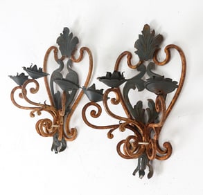PAIR FRENCH STYLE WROUGHT IRON WALL SCONCES