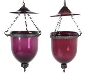 PAIR OF AMETHYST GLASS BELL JAR PENDANT LIGHTS