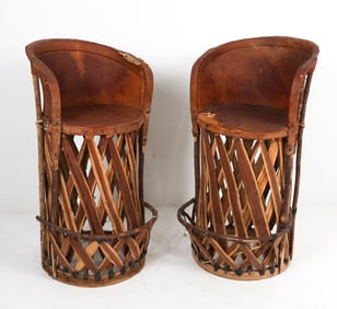 PAIR OF MEXICAN STYLE LEATHER & CANE BARSTOOLS