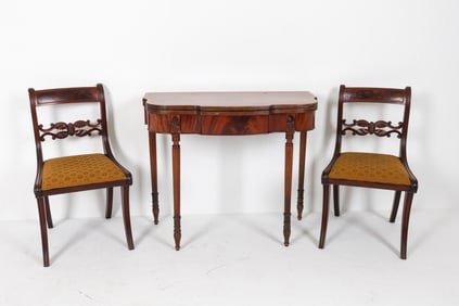 MAHOGANY CARD TABLE AND REGENCY STYLE CHAIRS