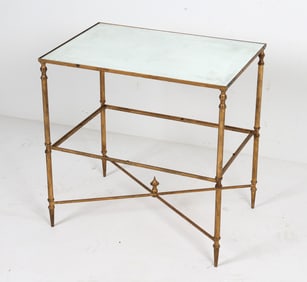 HOLLYWOOD REGENCY GILT METAL & GLASS SIDE TABLE