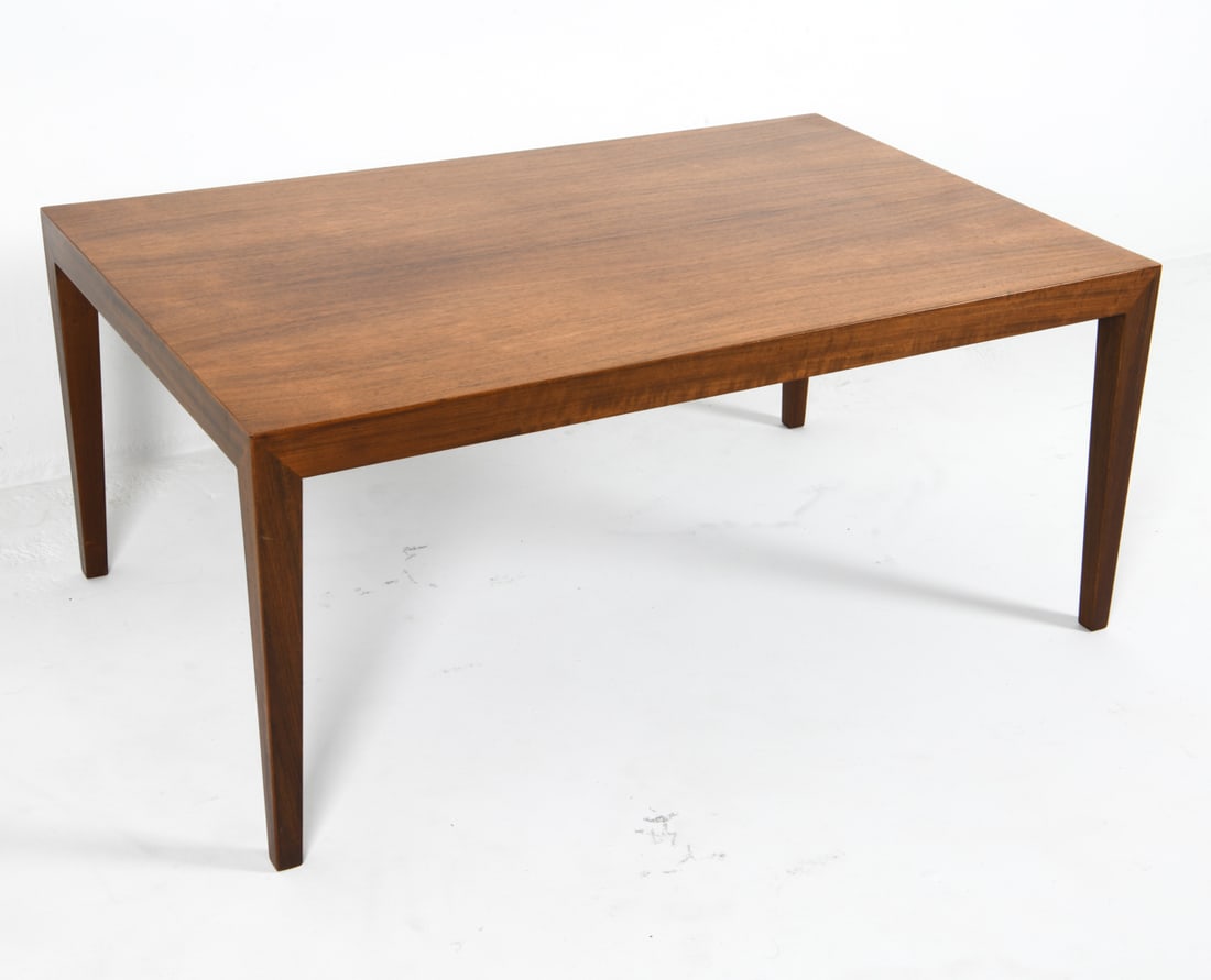 SEVERIN HANSEN DANISH TEAK COFFEE TABLE C. 1960S: Label to underside. For Haslev. Dimensions: H 19.75" x W 44.75" x D 29.25" Condition: Slight water marks and scuffs. Light rubbing to edges. Wear consistent with age and use.