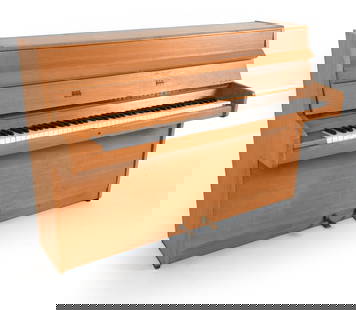BRODR. JORGENSEN DANISH OAK UPRIGHT PIANO C. 1960S: Marked to interior and fallboard. Stamped with numbers to backside 10078. Dimensions: H 40.5" x W 56.5" x D 21.75" Condition: Scattered nicks and marks. Highest C key sticks. Blemishes to lower panel.
