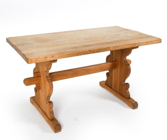 KJAERNULF STYLE DANISH OAK TRESTLE TABLE C. 1970S