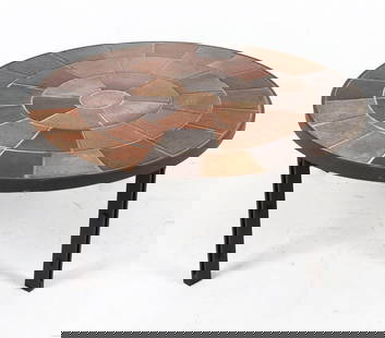 SALLINGBROE DANISH CERAMIC & STEEL COFFEE TABLE: Signature to edge. Steel frame and base with inlaid ceramic tiles. Dimensions: H 19" x Dia 42.5" Condition: Scattered marks and scuffs to steel. Presents well overall.