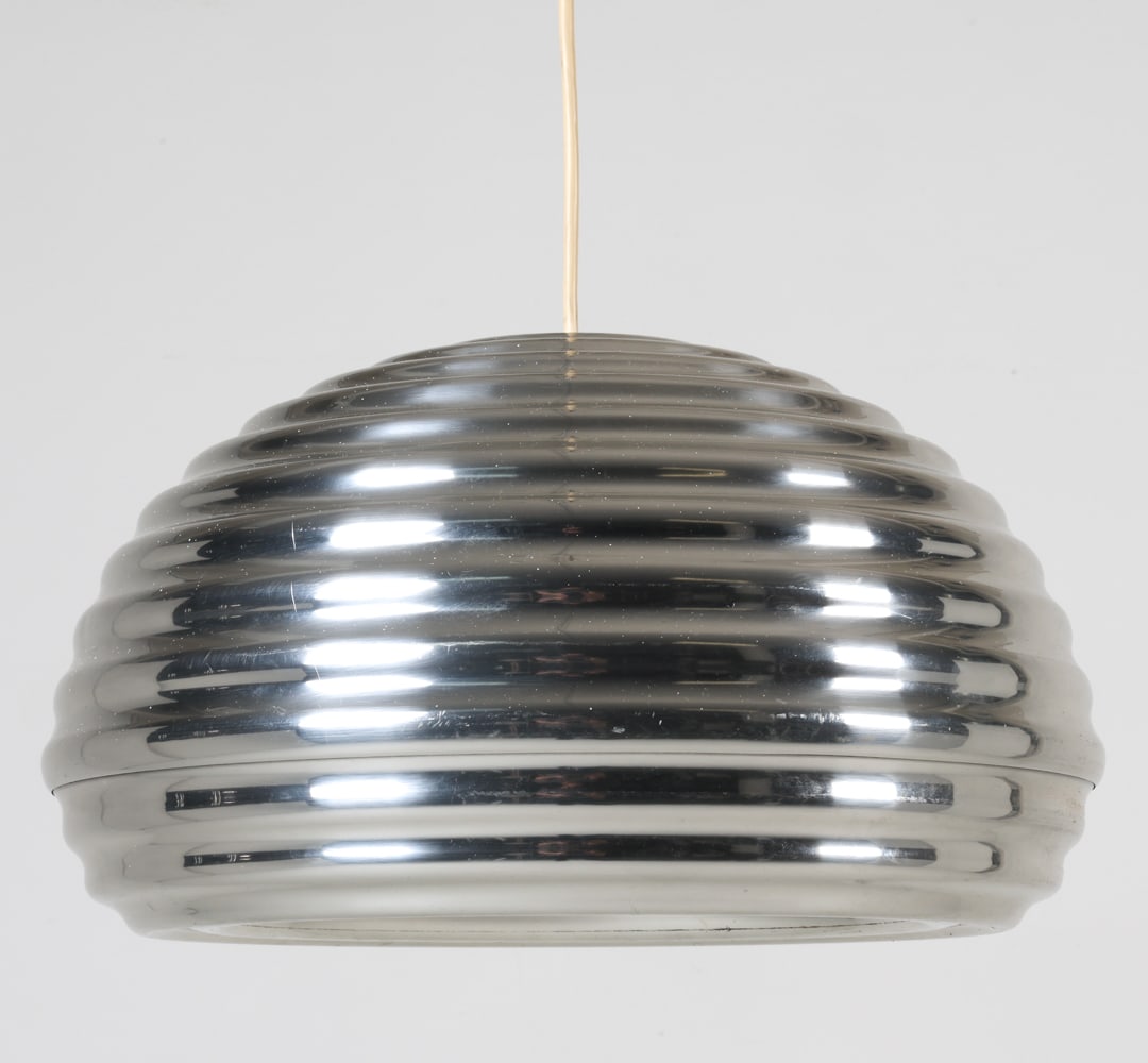 FLOS 'SPLUGEN BRAU' PENDANT LIGHT C. 1960S: Designed by Achille and Piere Giacomo Castiglioni. Polished aluminum shade in bee hive impression. Italy. Dimensions: H 8.5" x Dia. 14.5". Condition: Wiring untested. White paint flecks. Few thin surf