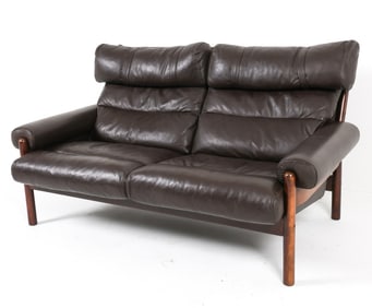 SCANDINAVIAN BEECH & LEATHER LOVESEAT SOFA