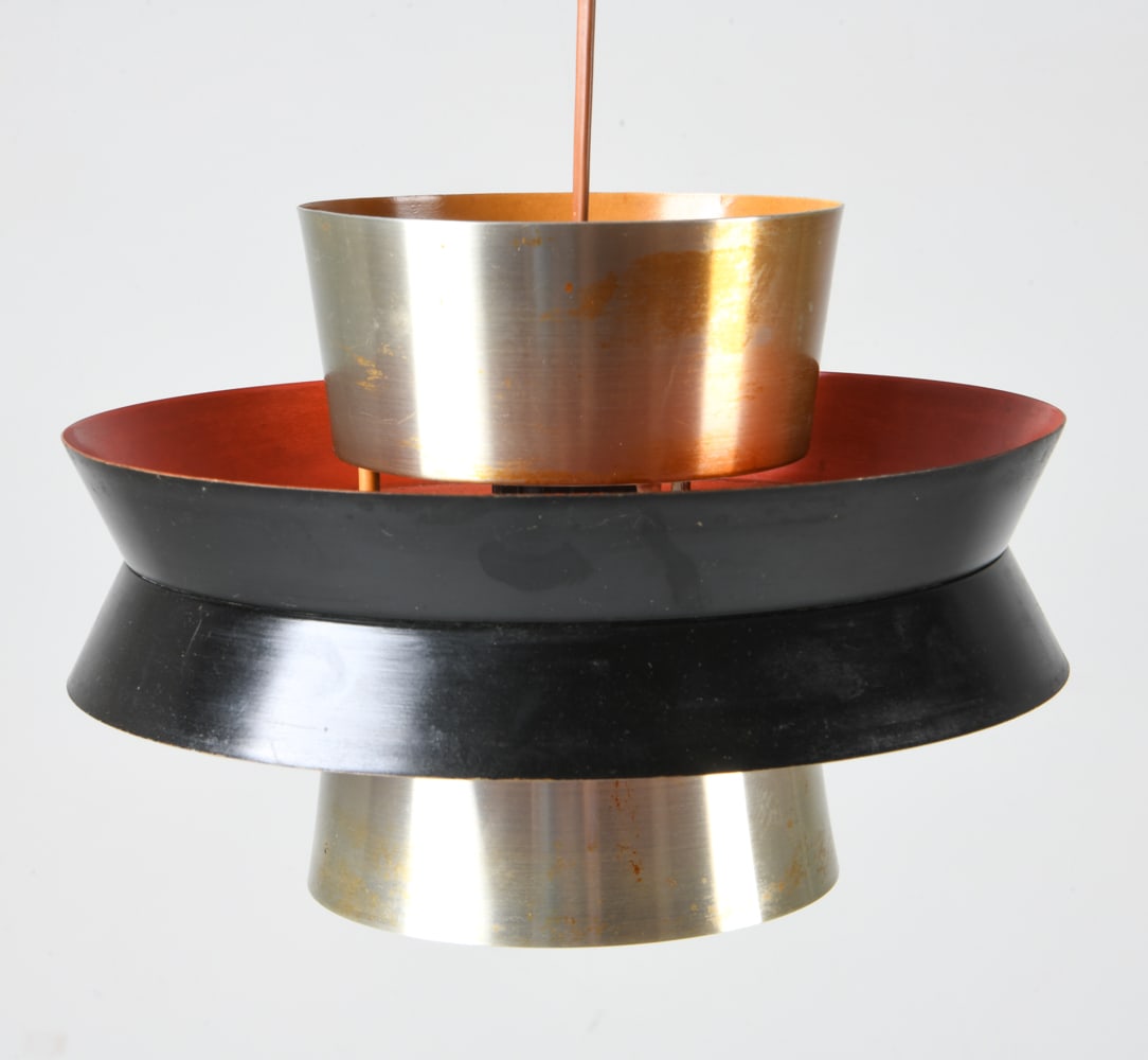 CARL THORE FOR GRANHAGA 'TRAVA' PENDANT LIGHT: Aluminum shade in contrasting tones. Denmark , circa 1960s. Dimensions: H 8" x Dia. 11.5". Condition: Wiring untested. Few minor scuffs and rubs to metal. Discoloration to cord. Wear consistent with a