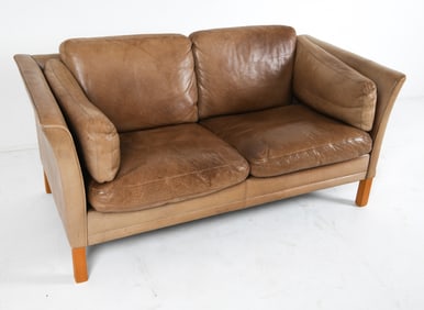 MOGENSEN STYLE MID-CENTURY LEATHER LOVESEAT SOFA
