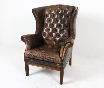 CHESTERFIELD STYLE LEATHER WINGBACK CHAIR C. 1960S