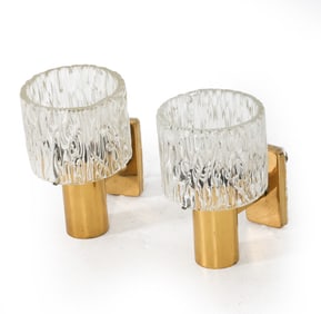 PAIR OF BRASS & GLASS DANISH WALL SCONCES C. 1960S