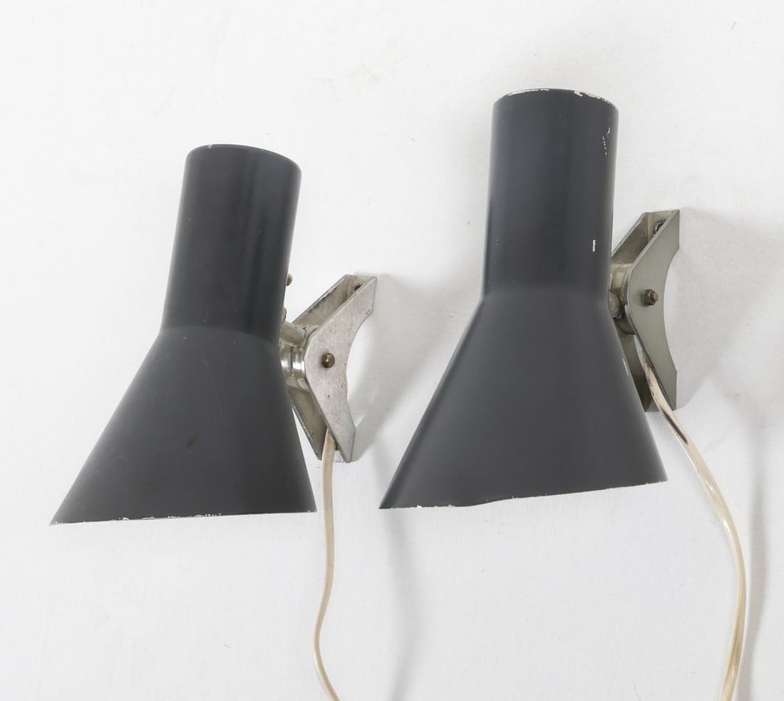 PAIR OF SCANDINAVIAN WALL SCONCES C. 1970S: Adjustable aluminum shades. Dimensions: H 7.25" x W 6.5". Condition: Wiring untested, European plugs. Scuffs and scratches to painted finish, few dents to edges of shades. Wear consistent with age and