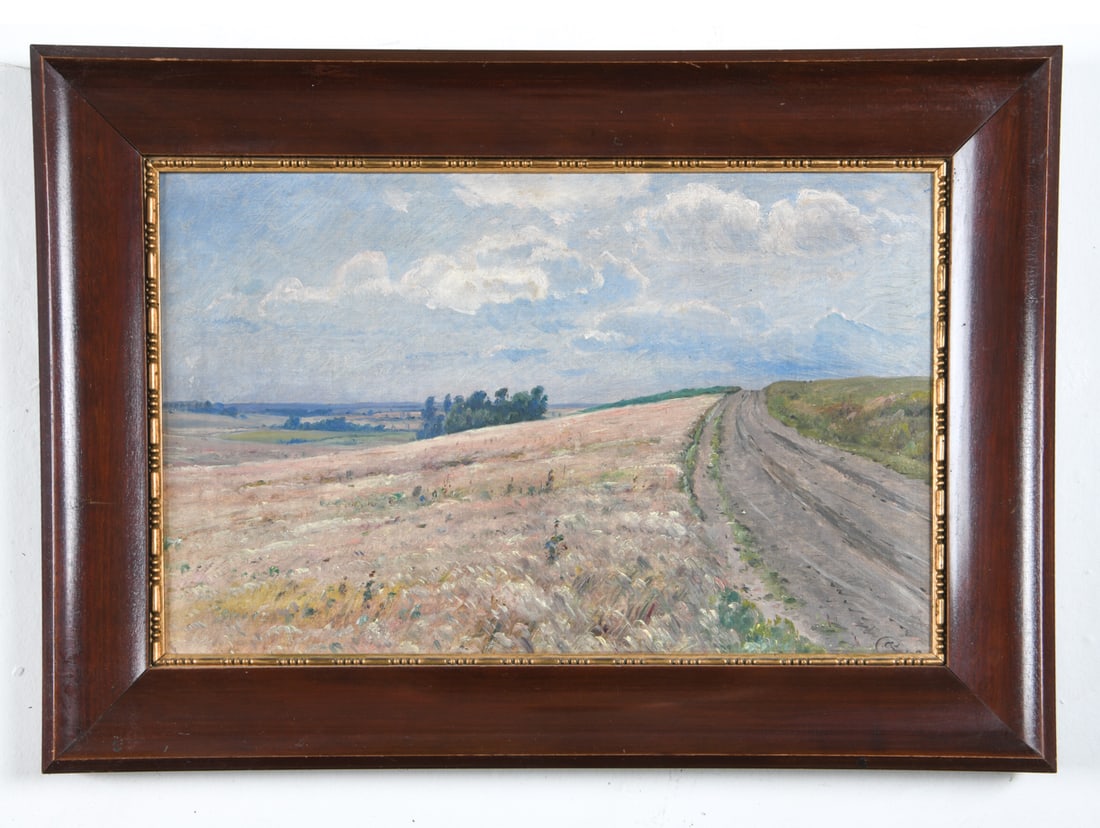 CARL HOYRUP (1893-1961) LANDSCAPE O/C: Signed by artist in lower right corner and on back of canvas. Dimensions: Frame H 17.25" x W 24.5". Canvas 11.5" x W 19.5". Condition: Few scuffs and rubs to frame.