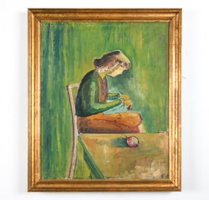 20TH C. KNITTING WOMAN O/C PAINTING