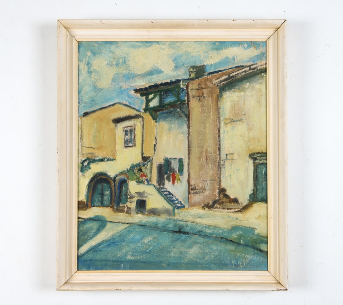 MID-CENTURY SCANDINAVIAN LANDSCAPE O/C PAINTING: No distinct signature. Shows a street lined with clay homes. Frame: H 26" x W 22" Canvas: H 22.75" x W 19" Condition: Frame has moderate nicks and scuffs, with surface soiling to edges. Canvas has min