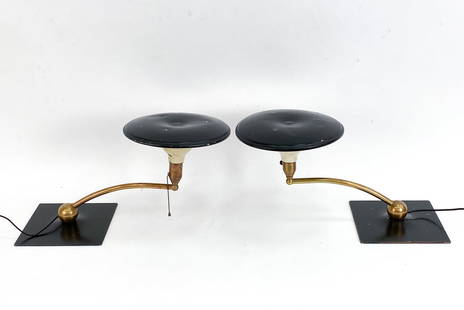 PAIR OF VINTAGE SIGHTLIGHT DESK LAMPS: Almost identical wheeler enameled industrial style lamps on pivoting spherical supports. Metal base. One lamp marked underneath shade. Dimensions: H 12" x W 23" x D 11.75" Condition: Rewired,