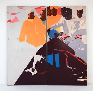 NEIL ANDERSON 'CREMATION OF NEHRU' DIPTYCH O/C: A diptych. Titled 'The cremation of Nehru' Circa 1964 Canvas: H 84" x W 42" Condition: Moderate scuffs and blemishes to edges of canvas. Minor buckling to canvas.