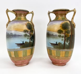 PAIR OF HAND-PAINTED NIPPON URN FORM VASES
