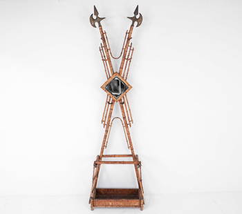 19TH C. BAMBOO HALL TREE W/ HALBERDS: With iron blade ends. Dimensions: H 93" x W 25.5" x D 10" Condition: Broken tip to one spear. Loose joints. Scuffs and rubs to bamboo, general surface soiling. Wear consistent with age and use.