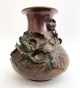 JAPANESE BRONZE VASE W/ HIGH RELIEF PEONY MOTIF