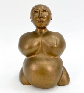 MODERNIST FIGURATIVE BRONZE SCULPTURE: Smooth bronze-toned finish. The sculpture emphasizes round shapes, featuring the head and torso. Signed on backside RH and dated 87'. Dimensions: H 10" x W 7" x D 5.5" Condition: Some patina present,