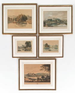 GROUPING OF ANTIQUE AQUATINT ENGRAVINGS: Grouping of 5 aquatint engravings by R. Havell after William Havell, I. Clark, and John Bailey. Info on art verso with Arthur Ackermann & Sons labels. Dimensions: (Largest frame) H 26" x W 31"