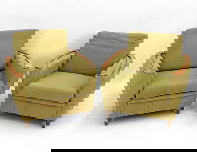 SCANDINAVIAN WOOL & OAK LOUNGE CHAIRS C. 1960'S: Green tone wool upholstery. Oak accent armrests. Dimensions: H 29" x W 31" x D 30" Seat height: 15" Condition: Minor scuffs and nicks on armrests. Minor creases to cushions. Presents well overall.