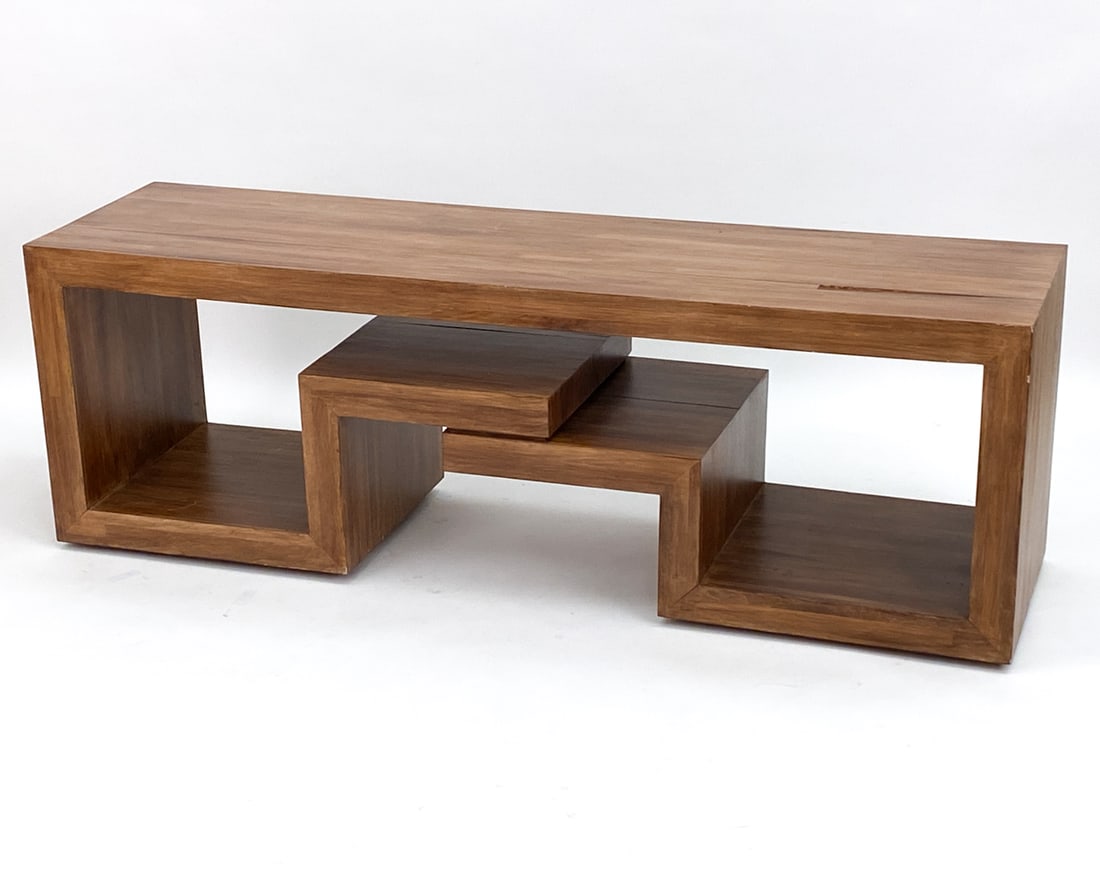 MINIMALIST CONSOLE TABLE: Walnut veneer with linear-form shelves and rectangular shape. Apparently unmarked. Dimensions: H 23.75" x W 71" x D 19.75" Condition: Damage to top, shown in photo. Naturally forming split to top. Lig
