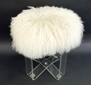 MID-CENTURY LUCITE & WOOL STOOL