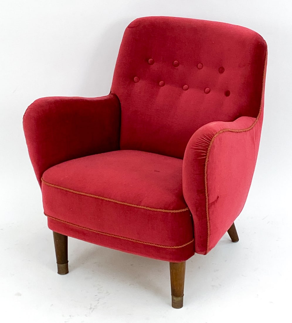 MID-CENTURY DANISH RED VELVET EASY CHAIR C. 1960'S (1 of 10)